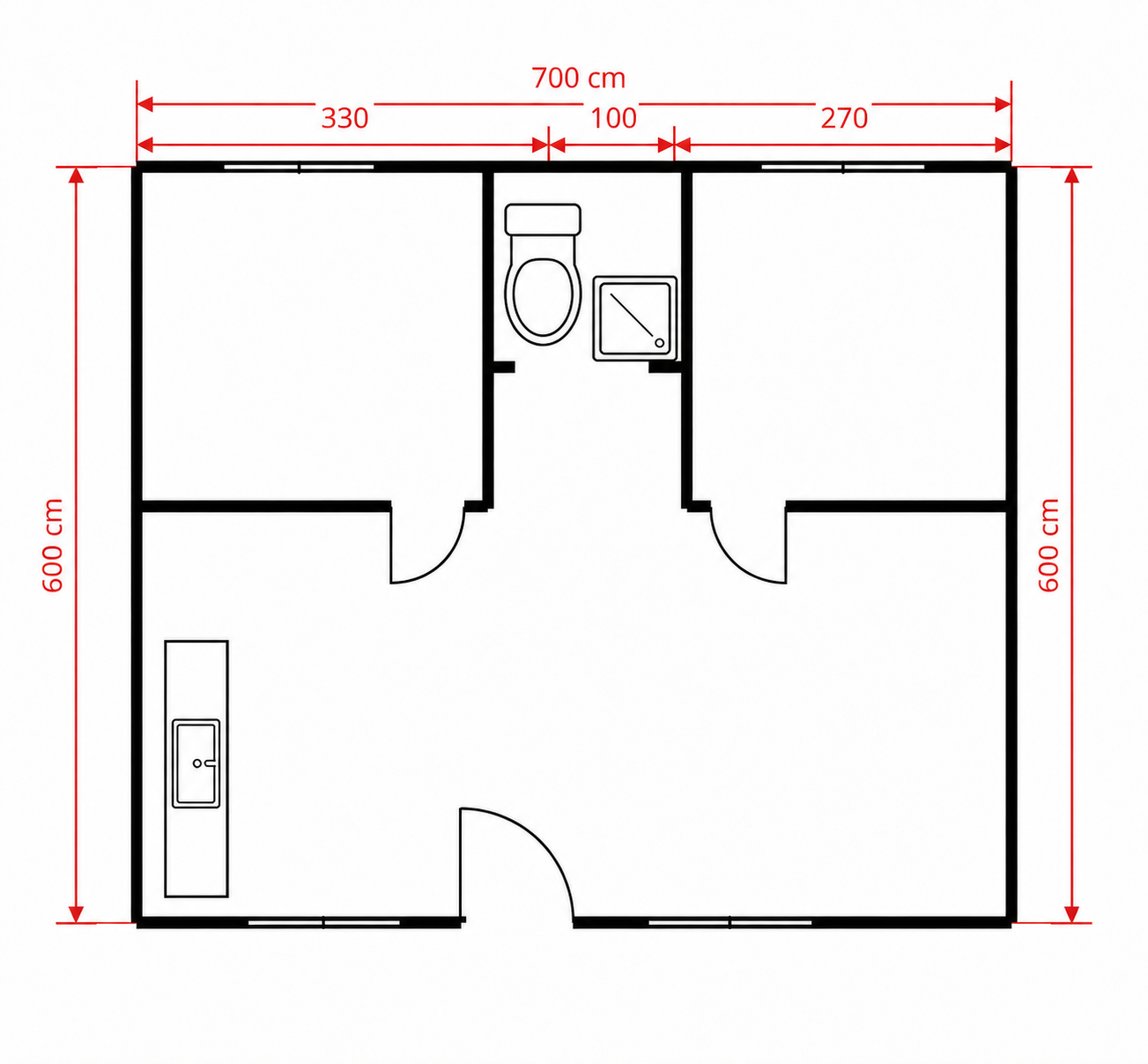 600×700 Birleşimli 2+1 WC-Duş-Mutfak Konteyner
